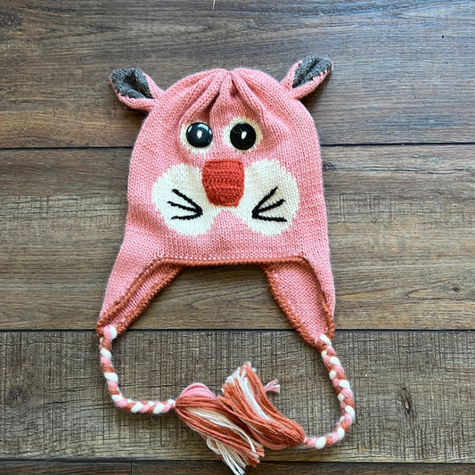 Pink Cat Alpaca Kids Hat with Ear Flaps